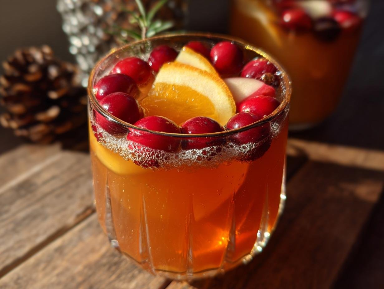 Close-up of a glass filled with Non-Alcoholic Harvest Punch, garnished with cranberries and an orange slice.