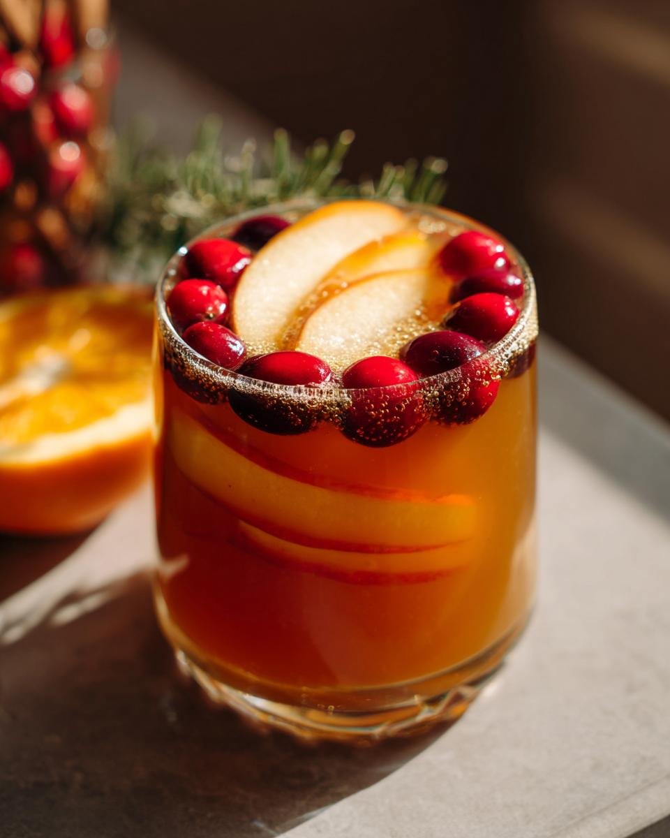 Close-up of a glass filled with Non-Alcoholic Harvest Punch, garnished with fresh cranberries and pear slices.