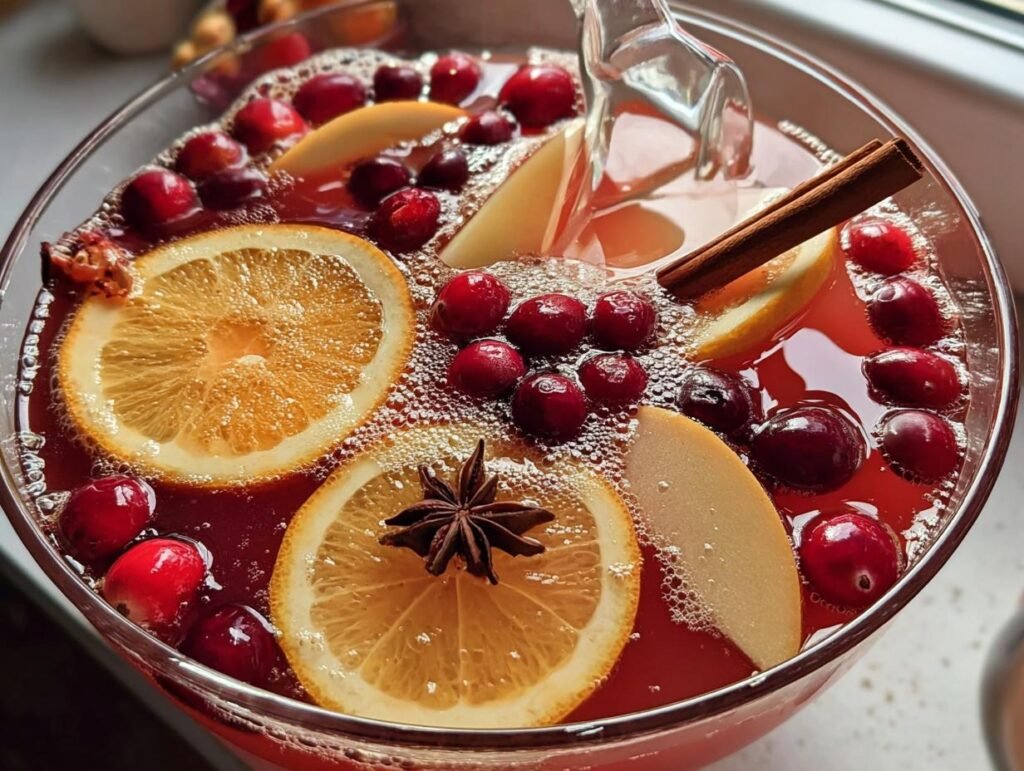 Close-up of Non-Alcoholic Thanksgiving Punch garnished with orange slices, cranberries, star anise, and cinnamon stick.
