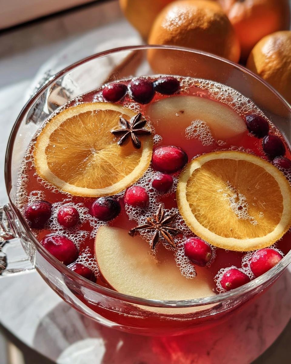 Close-up of Non-Alcoholic Thanksgiving Punch garnished with orange slices, cranberries, apple slices, and star anise.