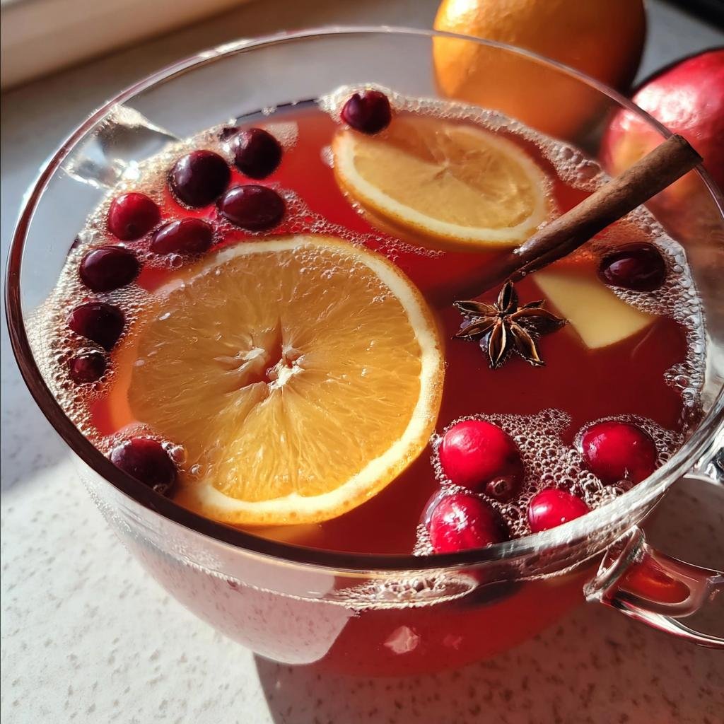 Close-up of a vibrant Non-Alcoholic Thanksgiving Punch garnished with orange slices, cranberries, cinnamon stick, and star anise.