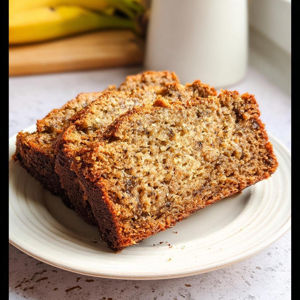 Three thick slices of moist Oat Flour Banana Bread Gluten Friendly stacked on a white plate.