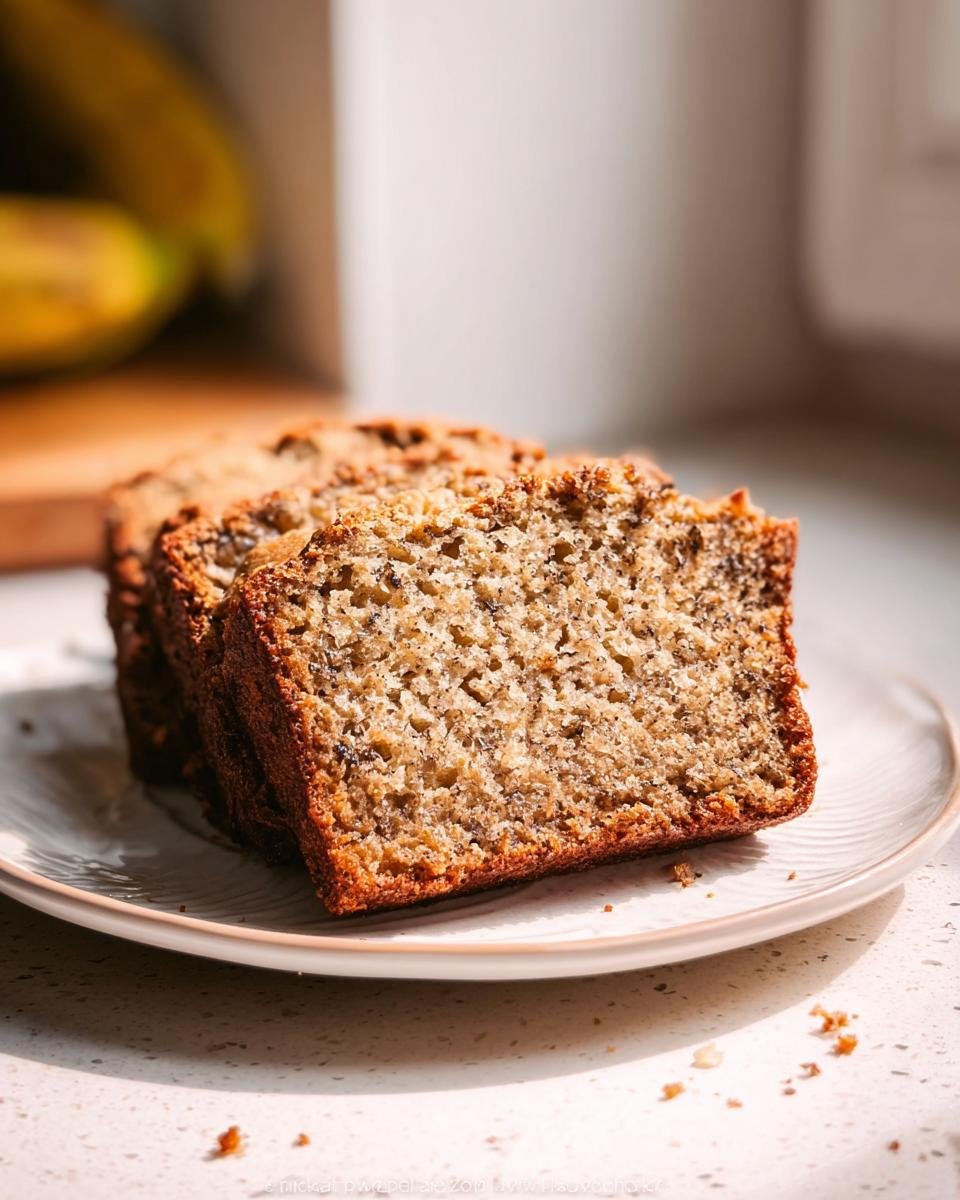 Close-up of moist slices of Oat Flour Banana Bread Gluten Friendly stacked on a small plate.