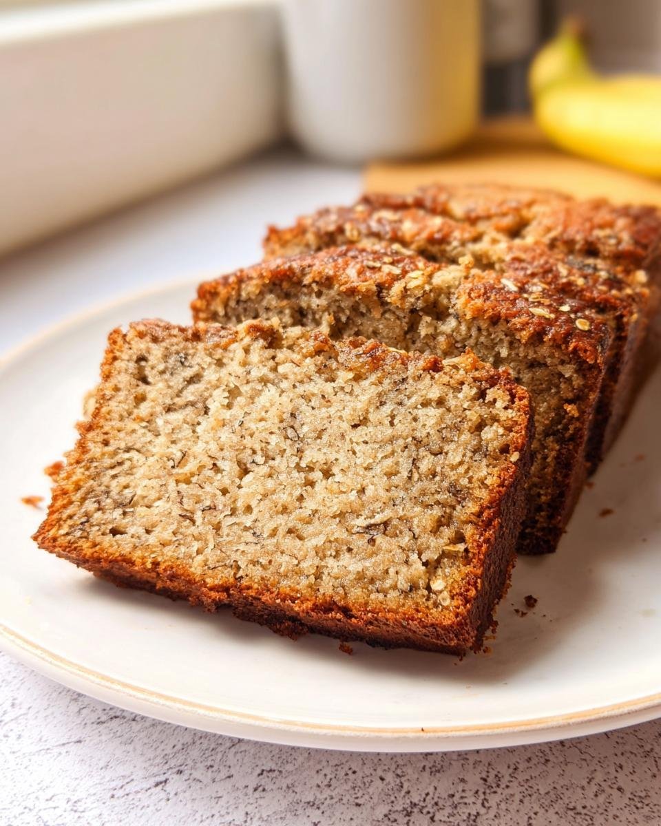 Close-up of four thick slices of moist Oat Flour Banana Bread Gluten Friendly on a white plate.