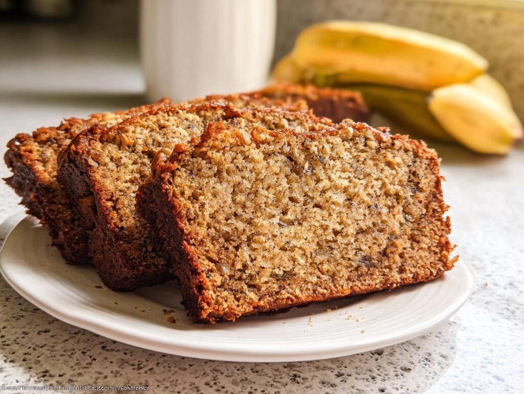 Three moist slices of Oat Flour Banana Bread Gluten Friendly resting on a white plate with bananas blurred in the background.