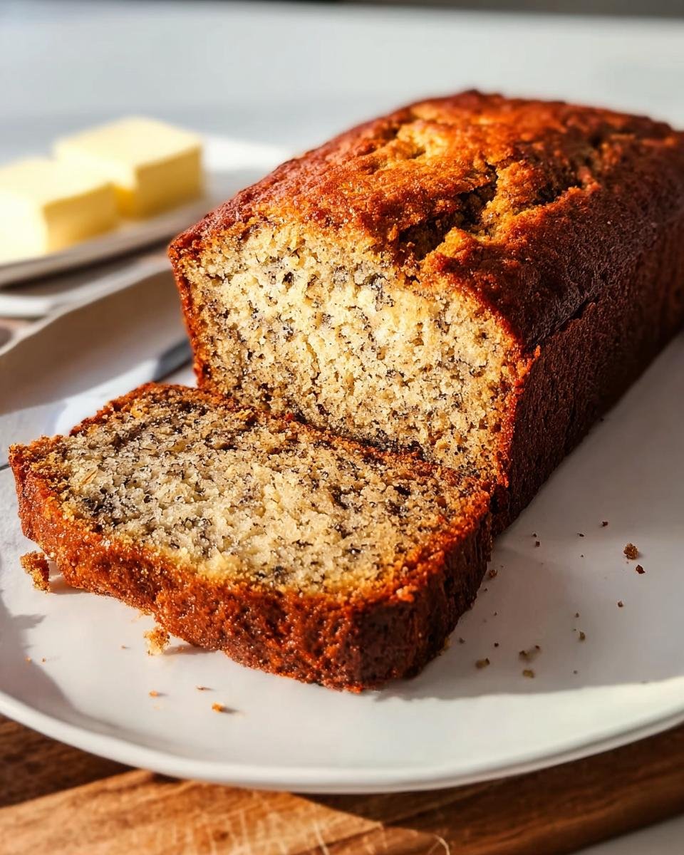 A golden brown loaf of moist One Bowl Banana Bread, partially sliced on a white plate with butter in the background.