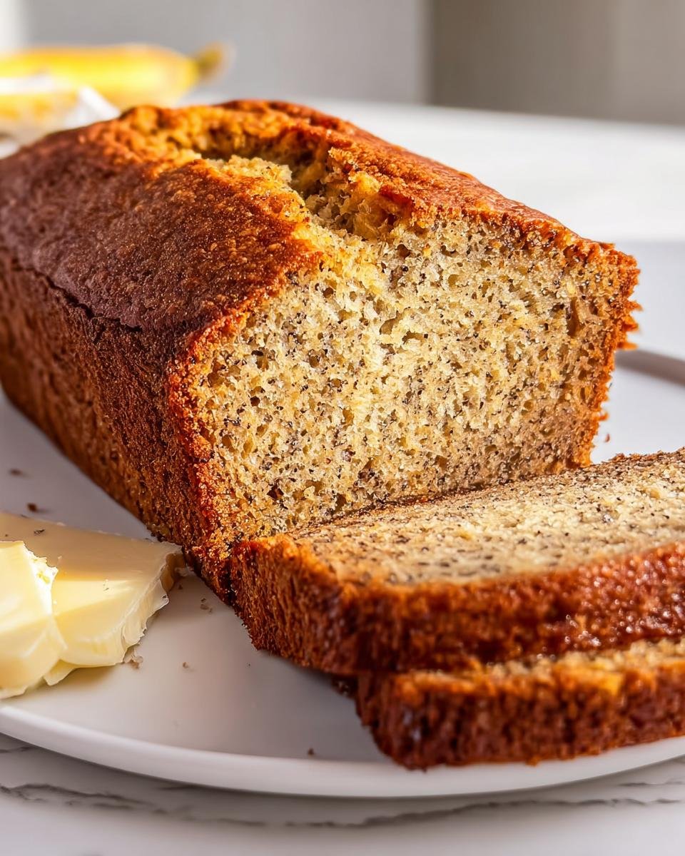 A freshly baked loaf of One Bowl Banana Bread, partially sliced, served with butter on a white plate.
