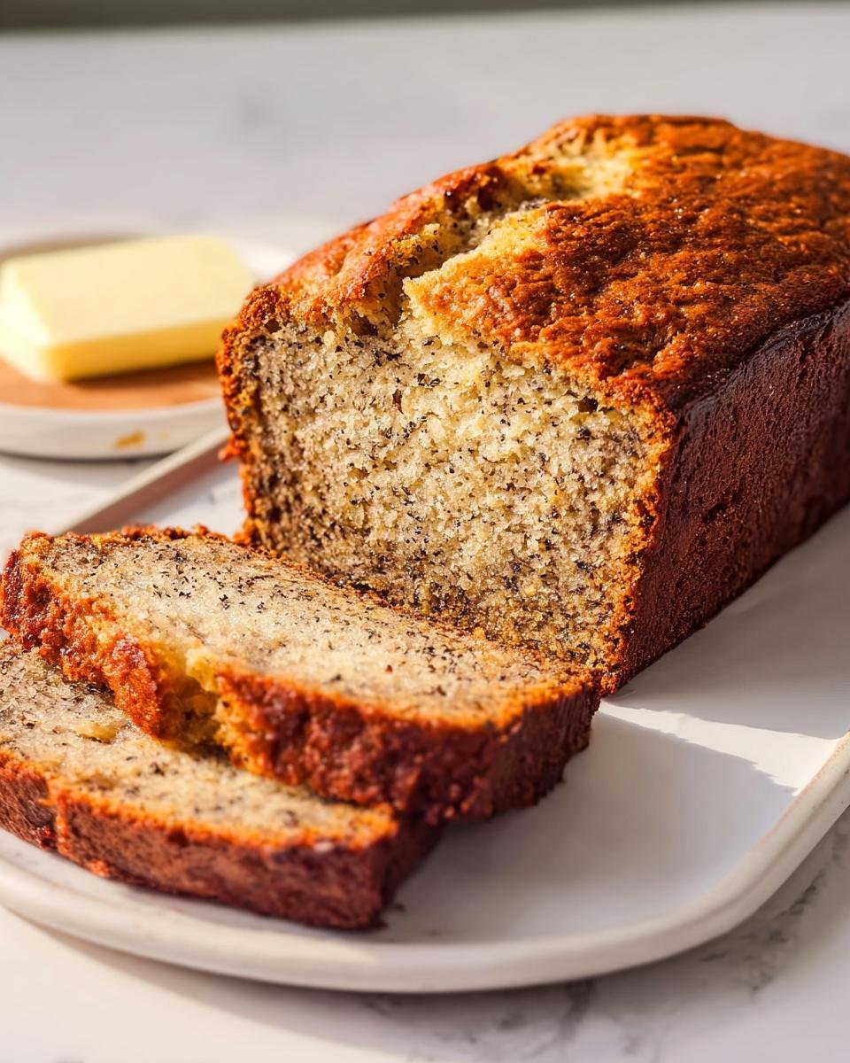 A loaf of freshly baked One Bowl Banana Bread, sliced, served on a white plate with a pat of butter.