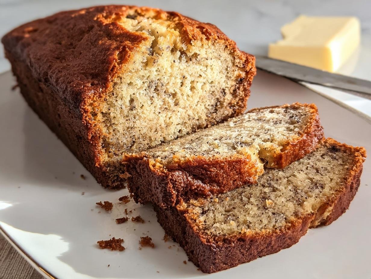 A loaf of freshly baked One Bowl Banana Bread, partially sliced on a white plate.