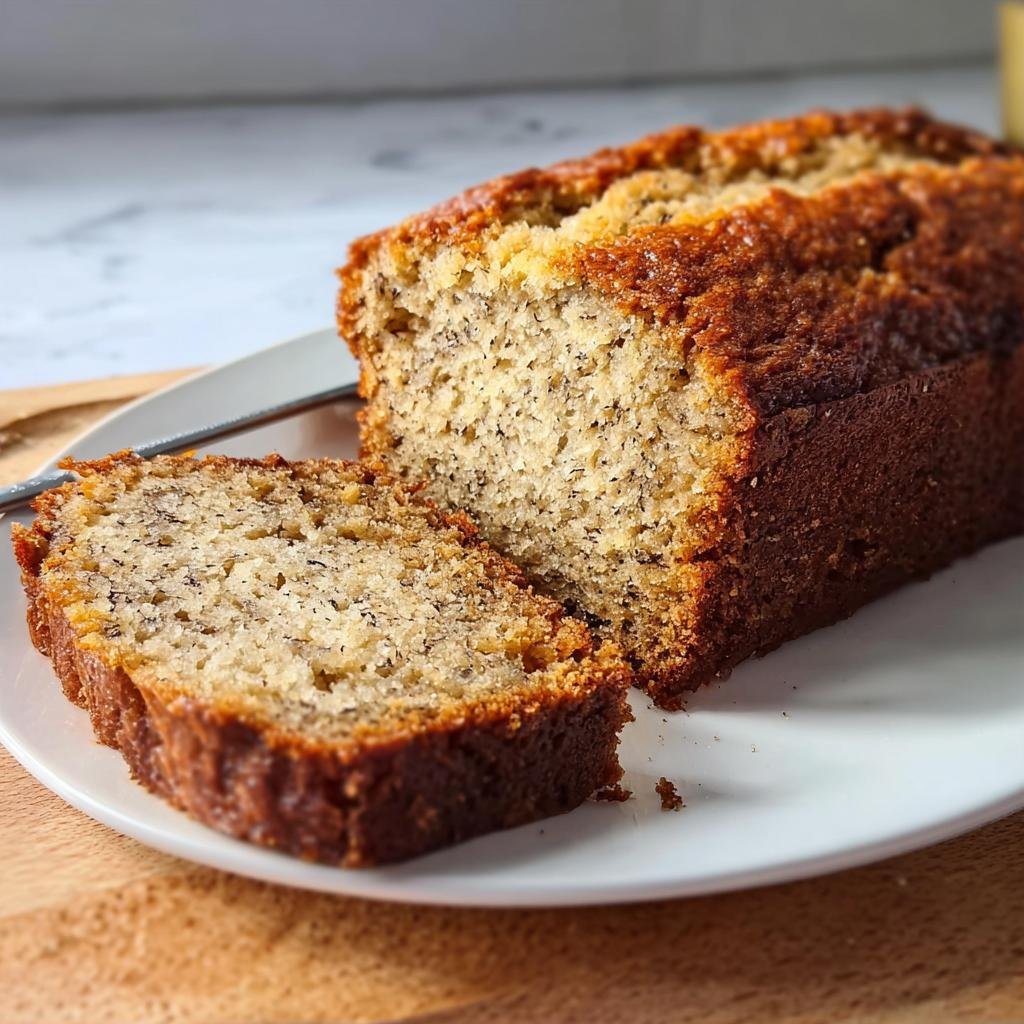 Close-up of a freshly baked One Bowl Banana Bread loaf with one thick slice cut and resting beside it on a white plate.