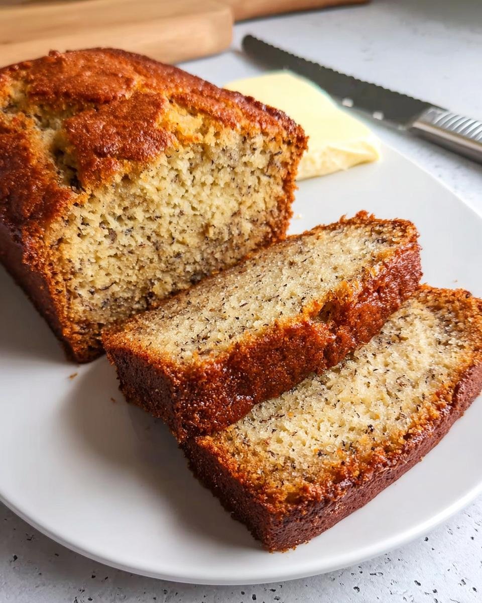 Close-up of sliced One Bowl Banana Bread on a white plate with a pat of butter.