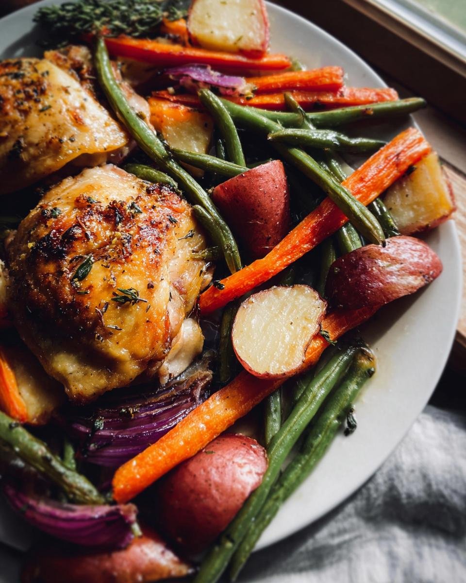 A plate of roasted One-Pan Thighs & Veggies featuring browned chicken thighs, red potatoes, carrots, and green beans.