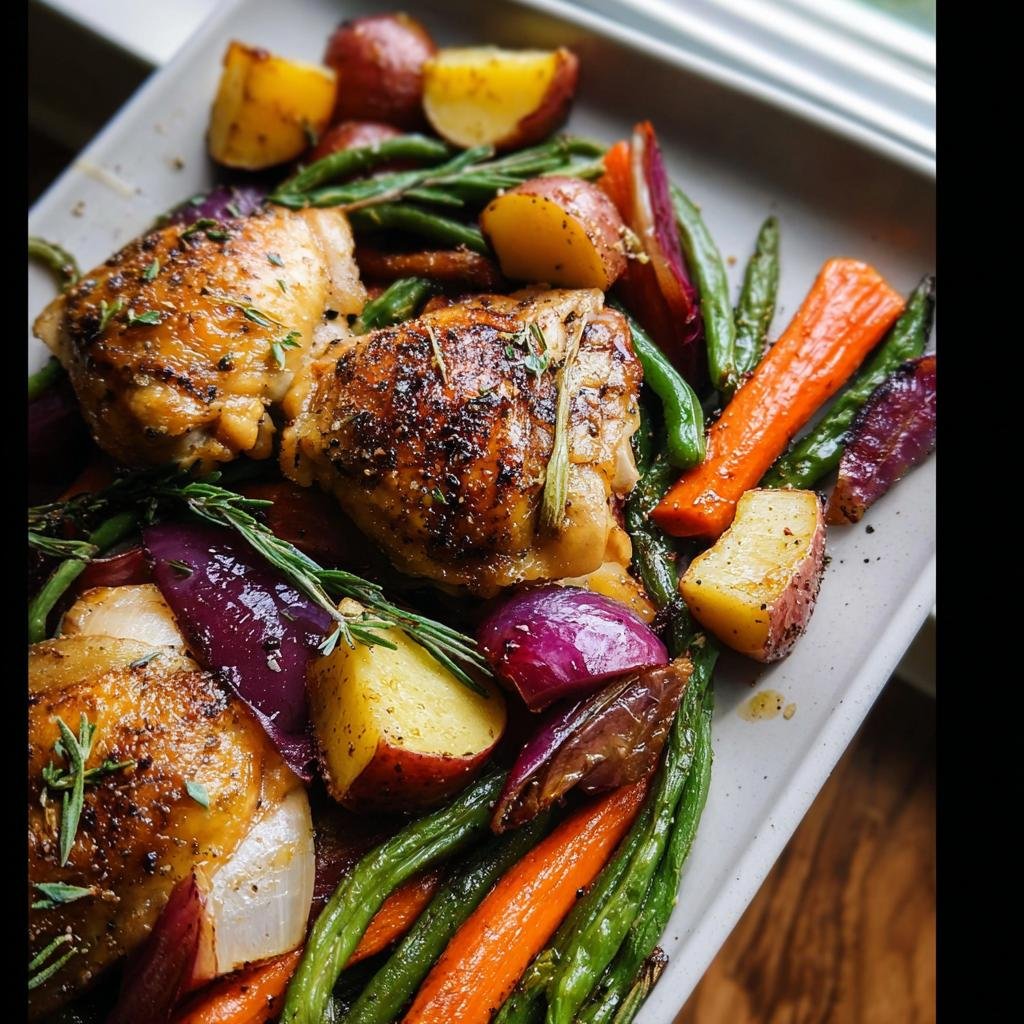 Close-up of crispy, seasoned chicken thighs surrounded by roasted vegetables like carrots, green beans, potatoes, and red onion.