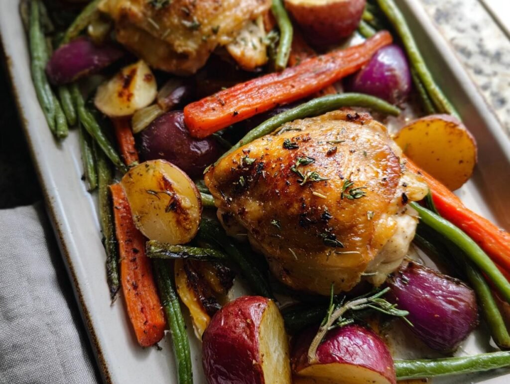 Close-up of crispy One-Pan Thighs & Veggies featuring a browned chicken thigh surrounded by roasted carrots, potatoes, green beans, and red onion.