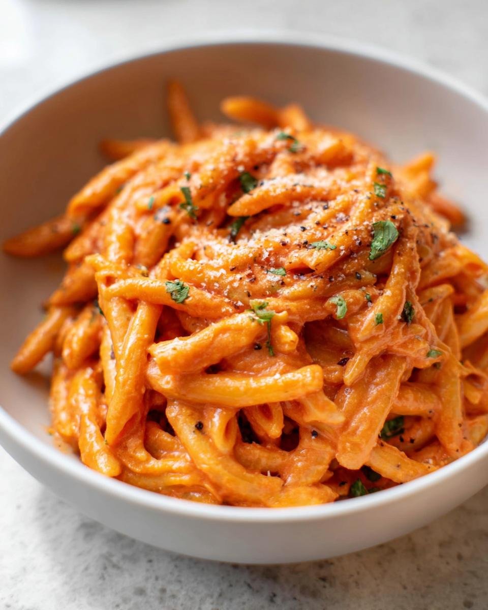 A close-up of a white bowl filled with One Pot Creamy Tomato Pasta, topped with grated cheese and herbs.