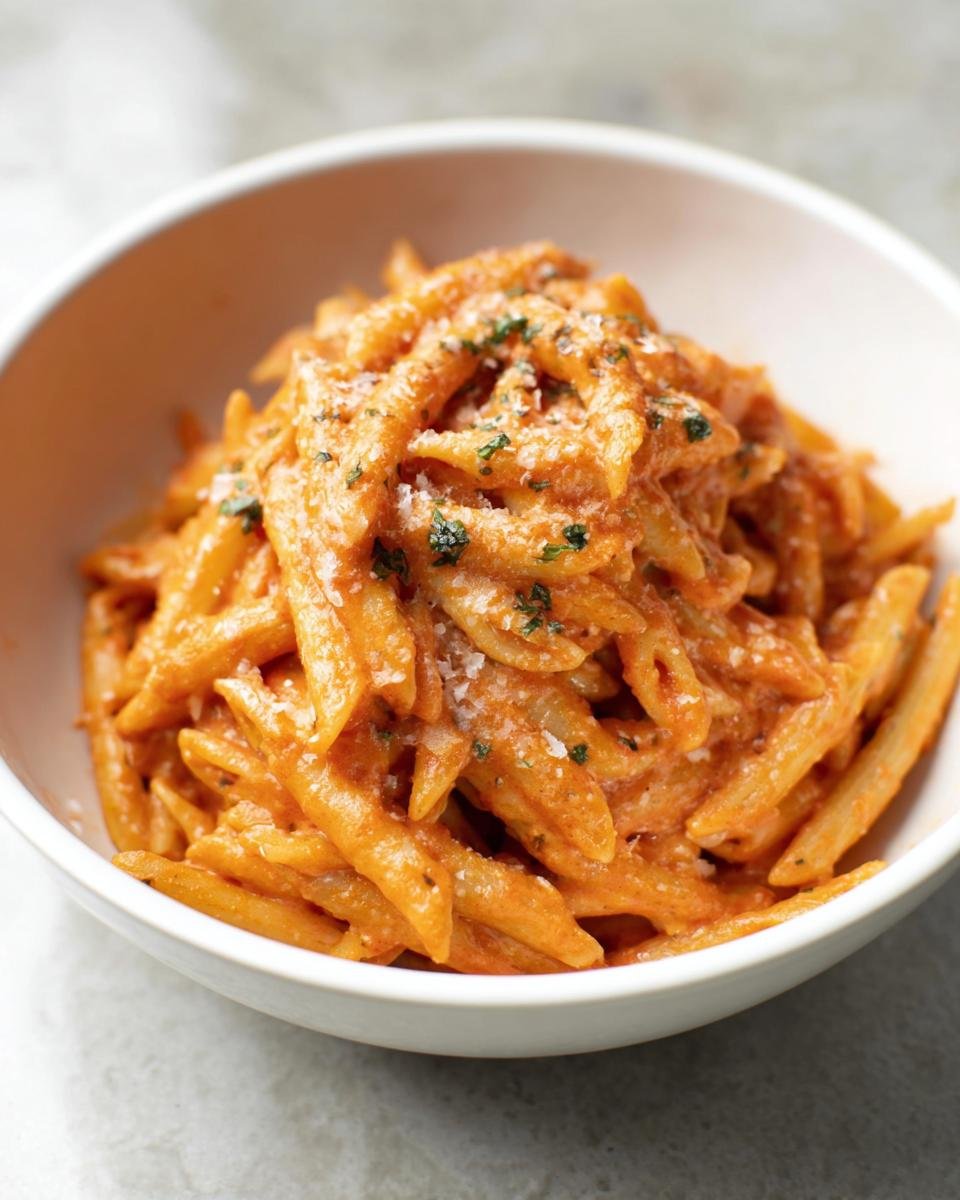 A close-up of penne pasta coated in a rich, creamy tomato sauce, served in a white bowl.