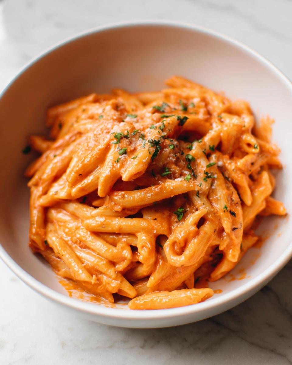A close-up of a white bowl filled with One Pot Creamy Tomato Pasta, garnished with parsley and cheese.