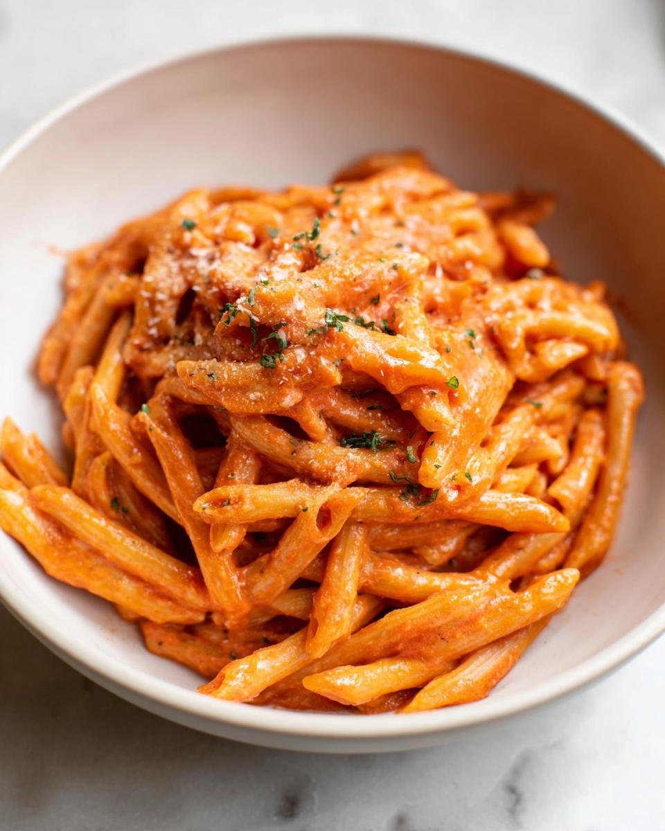 A close-up shot of penne pasta coated in a rich, creamy tomato sauce, served in a white bowl, ready for the One Pot Creamy Tomato Pasta dinner.