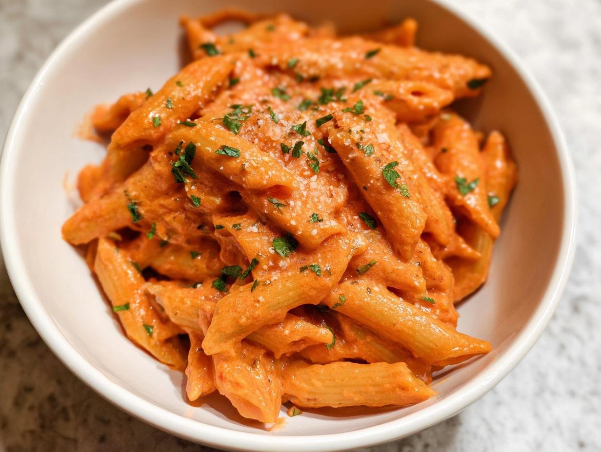 Close-up of penne pasta coated in a rich, orange-hued creamy tomato sauce, garnished with Parmesan and parsley.