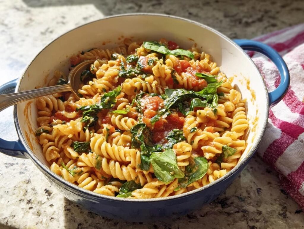 Close-up of One-Pot Tomato Basil Pasta with fusilli, chunky tomatoes, and fresh basil in a blue enameled pot.