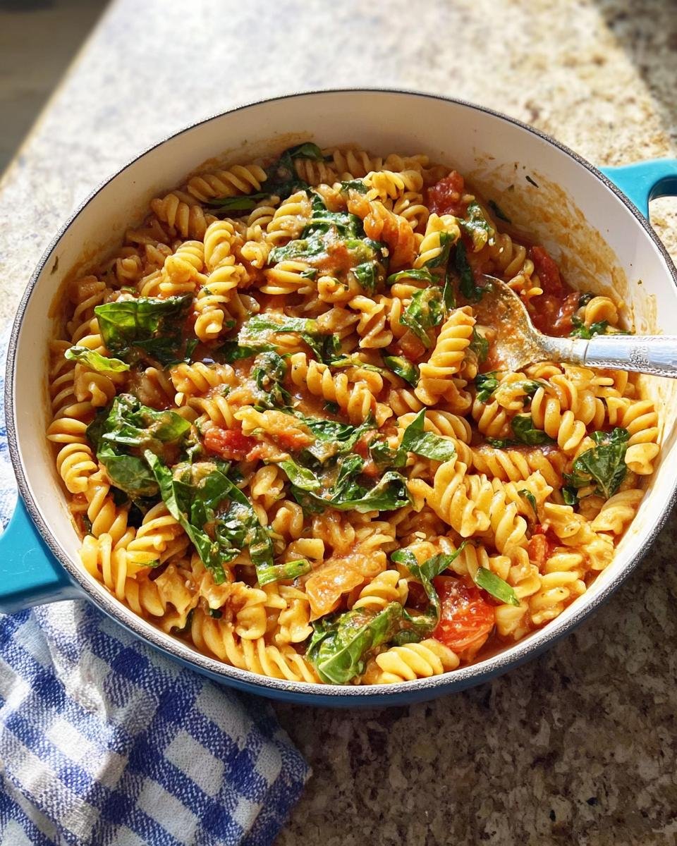Close-up of One-Pot Tomato Basil Pasta with fusilli, tomatoes, and spinach in a blue pot.
