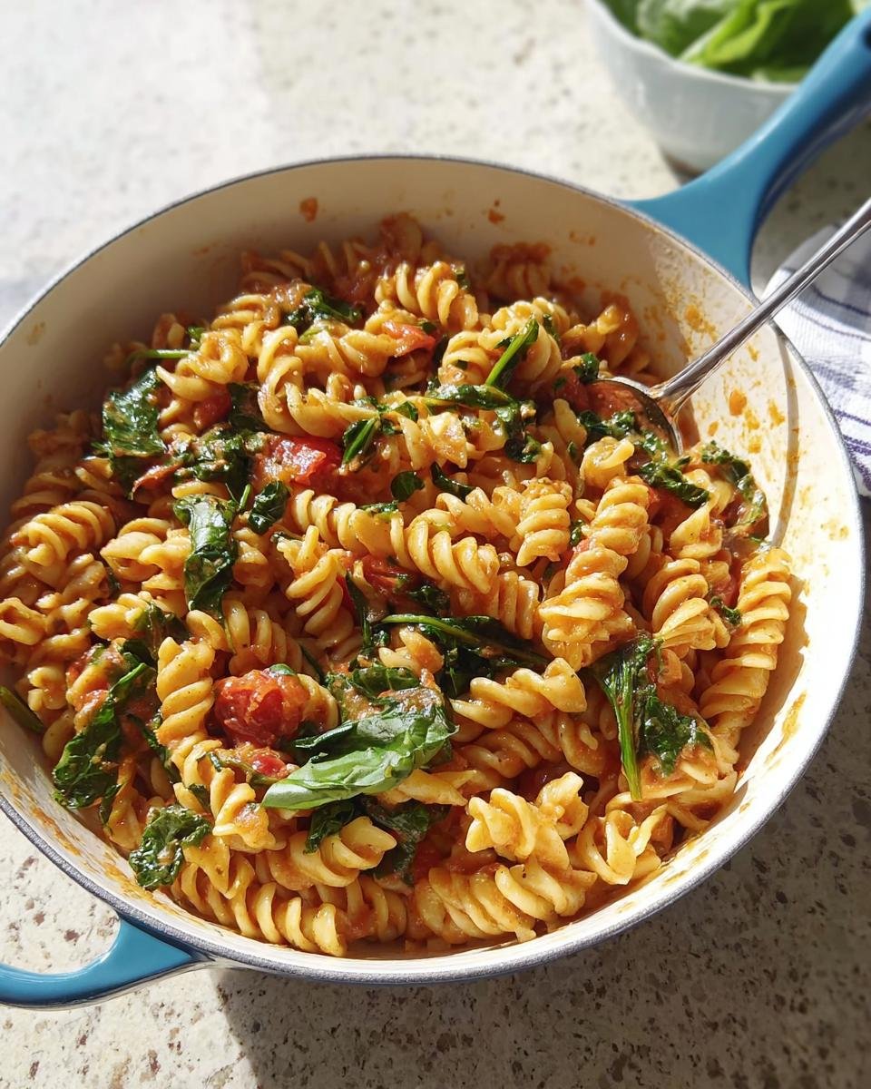 Close-up of One-Pot Tomato Basil Pasta with fusilli, tomatoes, and fresh basil in a light blue enameled pot.