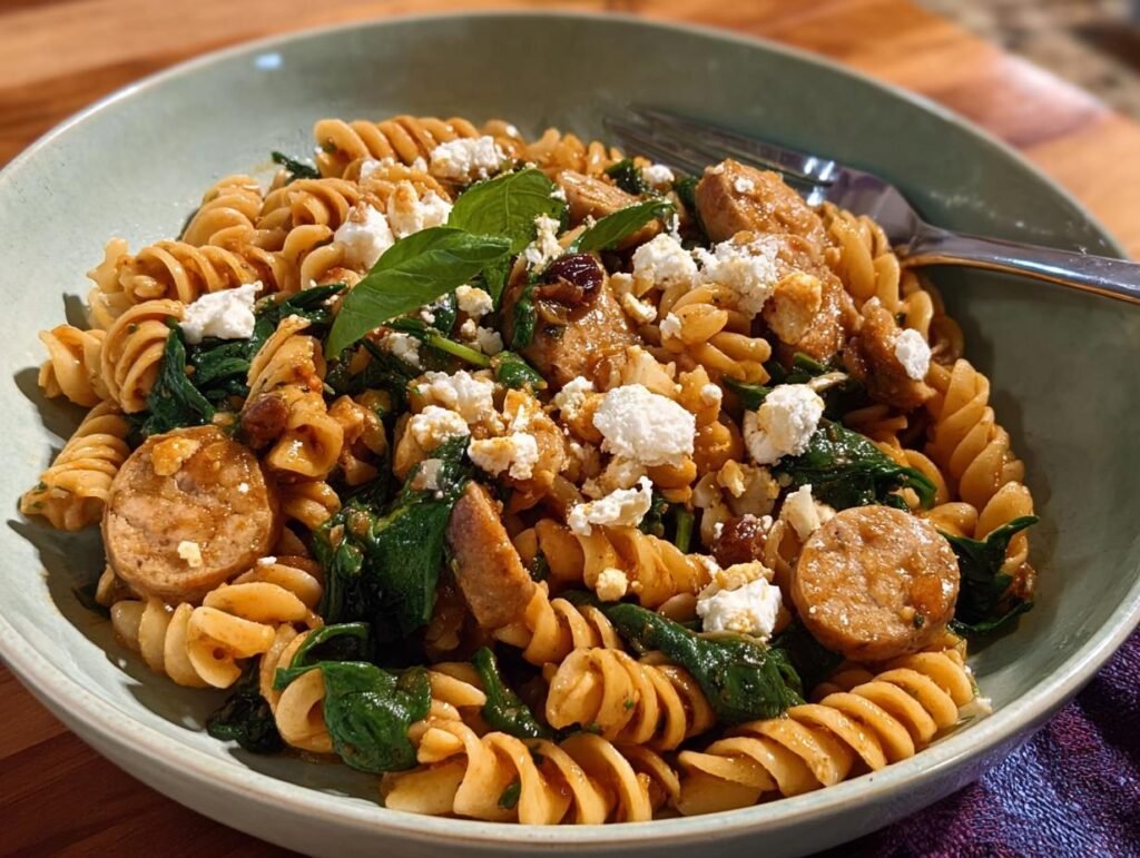 A bowl of pasta with sausage, spinach, feta cheese, and basil, perfect for Meal-Prep for Busy Weeks.