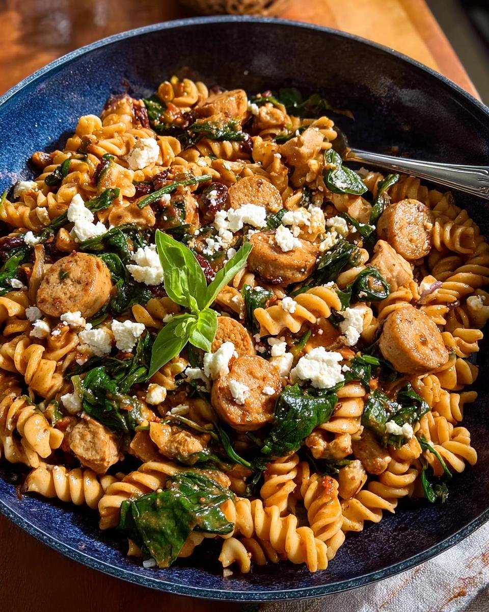 Close-up of a pasta dish with sausage, spinach, feta, and basil, perfect for Meal-Prep for Busy Weeks.