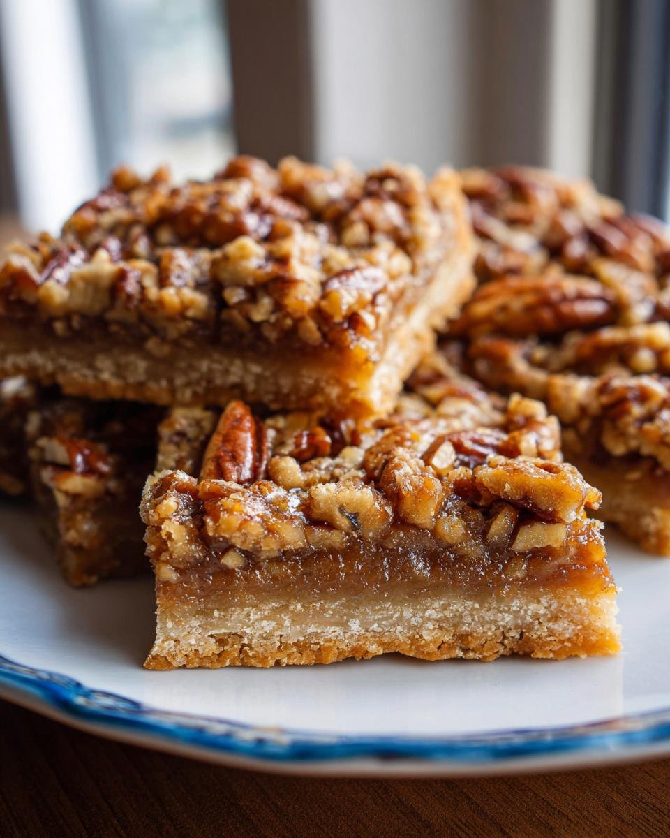 A close-up of several thick Pecan Pie Bars stacked on a white plate, showing the buttery crust and sticky pecan topping.
