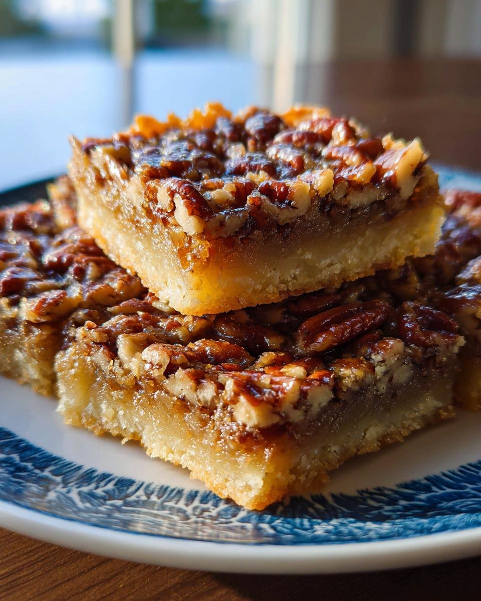 Two stacked squares of gooey Pecan Pie Bars showing a thick shortbread crust and a rich pecan topping.