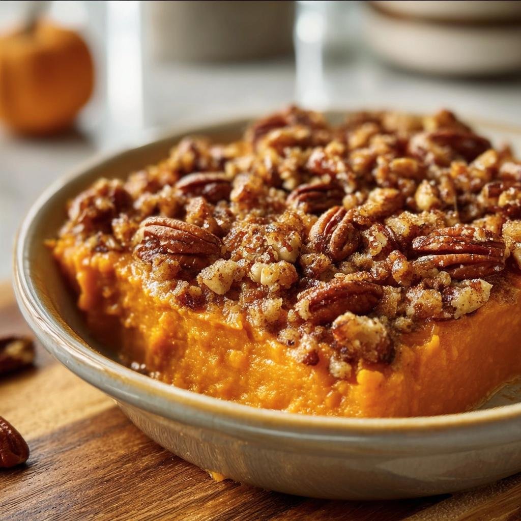 Close-up of a rich orange Sweet Potato Casserole topped with a crunchy pecan and brown sugar streusel.