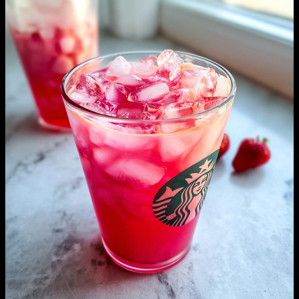 Close-up of a vibrant Pink Drink at Home, layered with ice, in a glass featuring a Starbucks logo.
