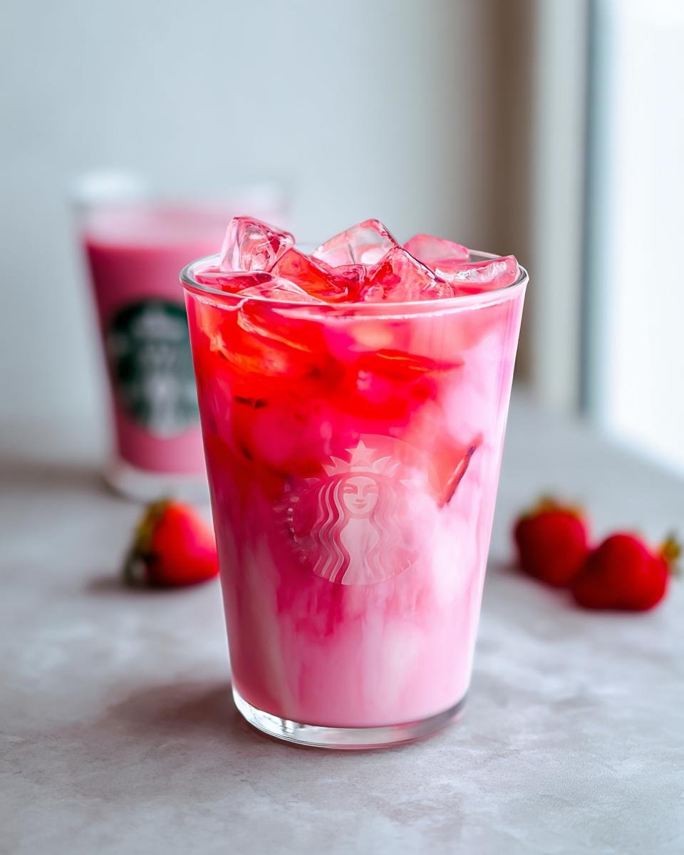 Close-up of a vibrant Pink Drink at Home in a glass with ice, showing swirling pink and white layers and a Starbucks logo.