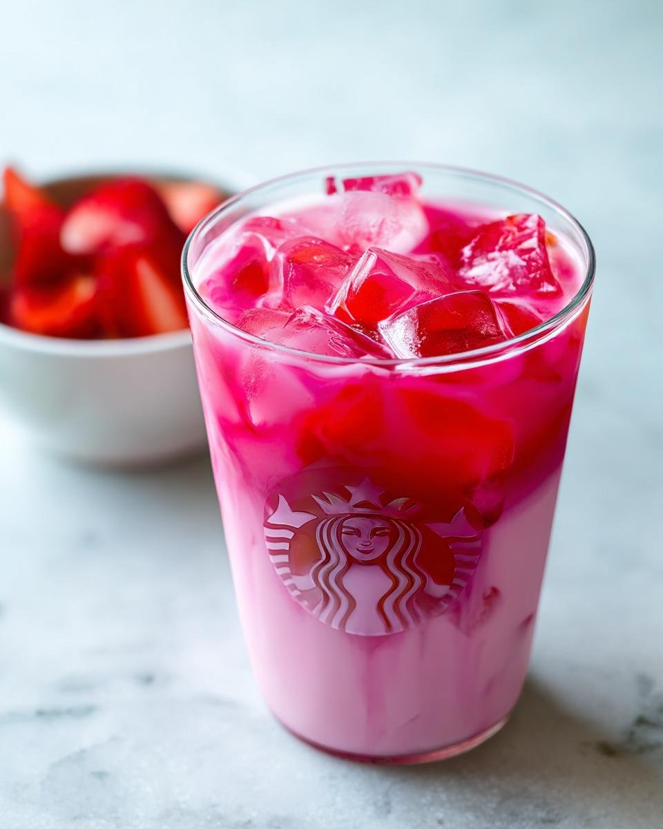 Close-up of a vibrant Pink Drink at Home, layered with pink liquid and ice, in a glass featuring the Starbucks logo.