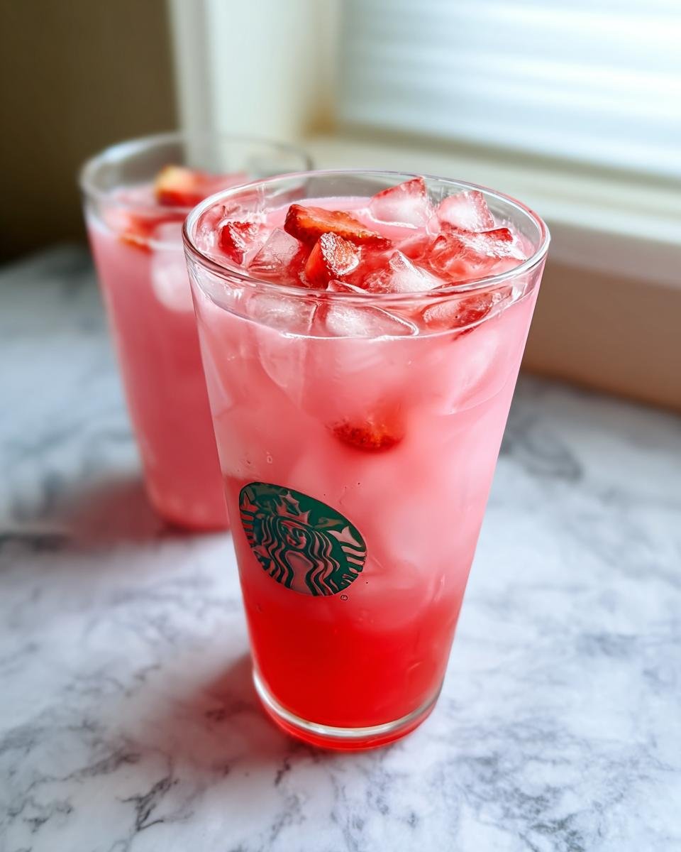 Two glasses of homemade Pink Drink at Home, filled with ice and strawberry pieces, sitting on a marble counter.