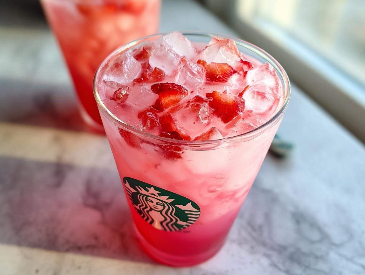Close-up of a vibrant Pink Drink at Home in a cup topped with ice and strawberry pieces.