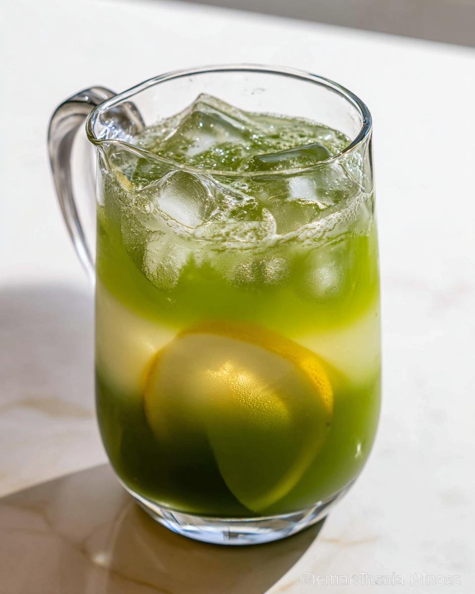 A clear glass pitcher filled with layered Matcha Lemonade, ice cubes, and a large lemon slice inside.