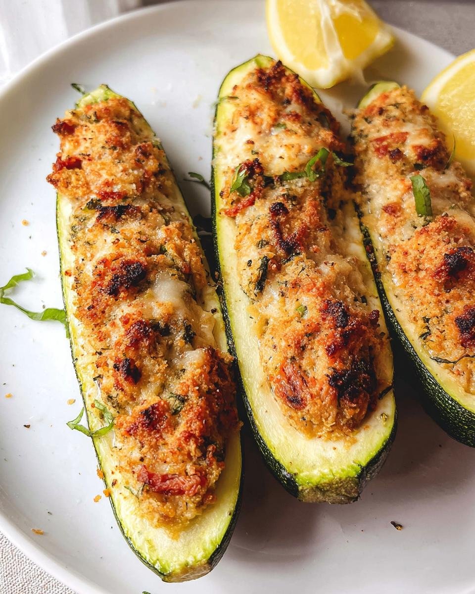 Three halves of baked, stuffed zucchini boats with a golden-brown, cheesy topping, served alongside lemon wedges, as a Protein-Packed Meal.