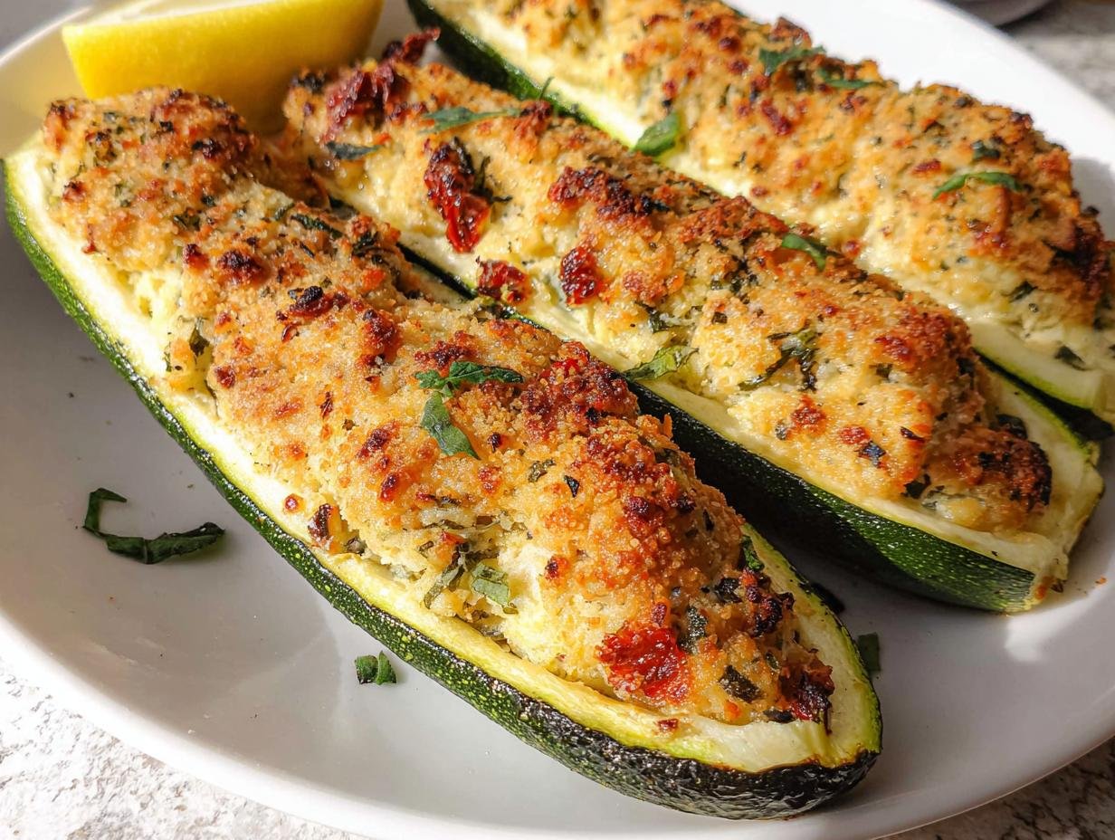 Three baked stuffed zucchini boats with a golden, crispy topping, served as a Protein-Packed Meal.