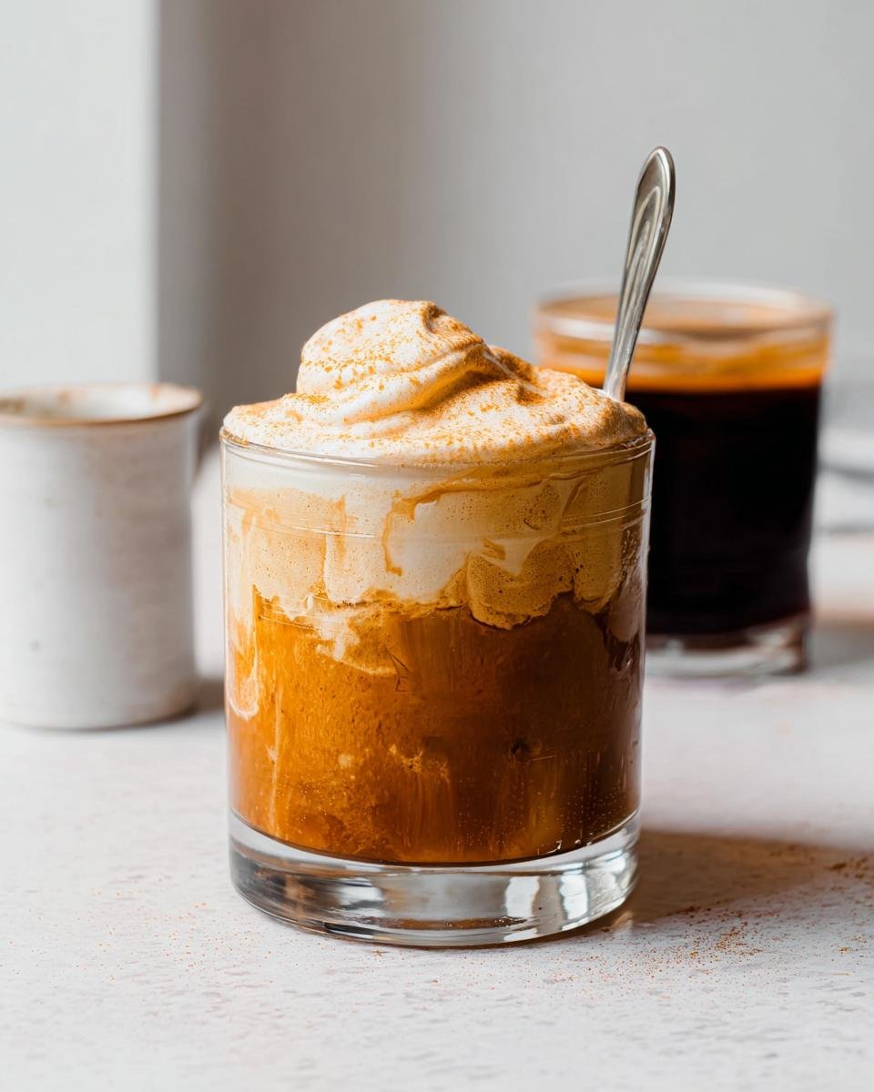 A glass filled with rich, layered Pumpkin Cream Cold Foam, topped with spice dust and a spoon.