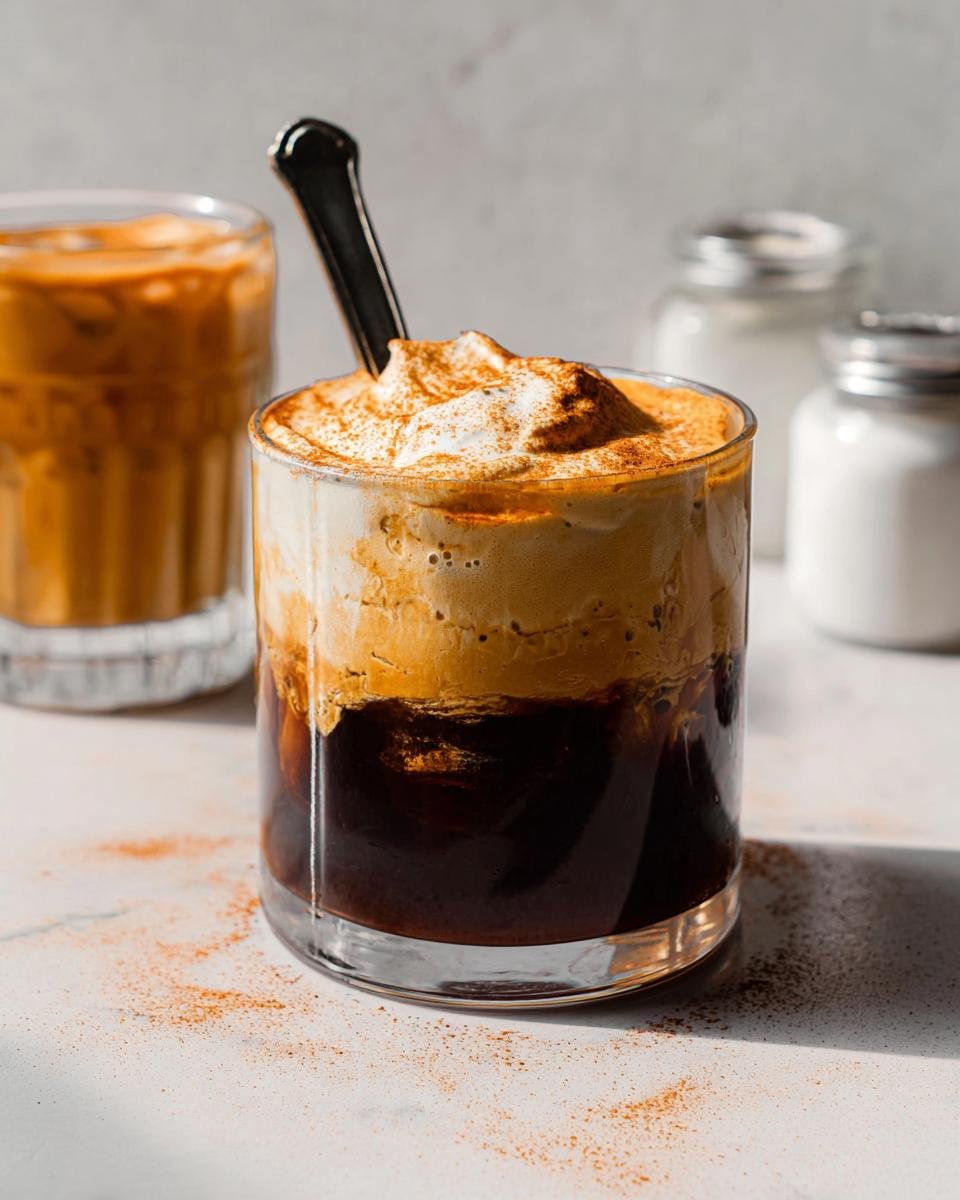 A glass filled with iced coffee topped generously with thick, spiced Pumpkin Cream Cold Foam and a spoon.