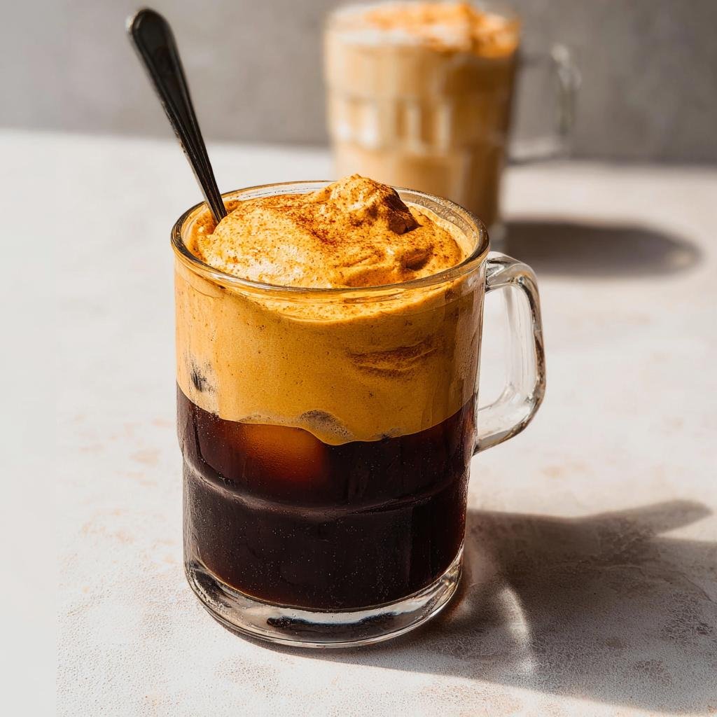 Close-up of iced coffee topped with thick, orange Pumpkin Cream Cold Foam, sprinkled with cinnamon.