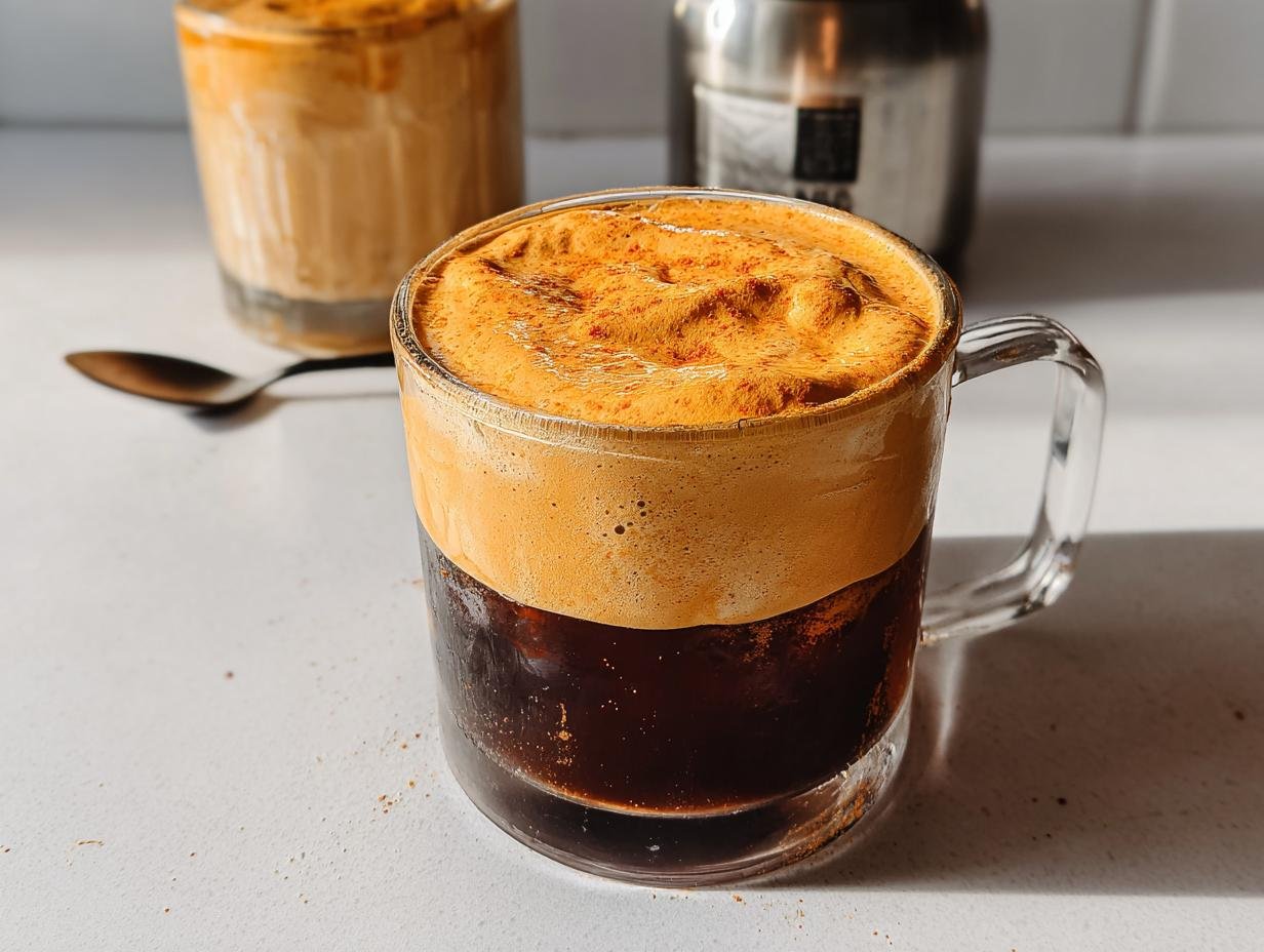 Close-up of a glass mug featuring dark coffee topped with thick, airy Pumpkin Cream Cold Foam dusted with spice.