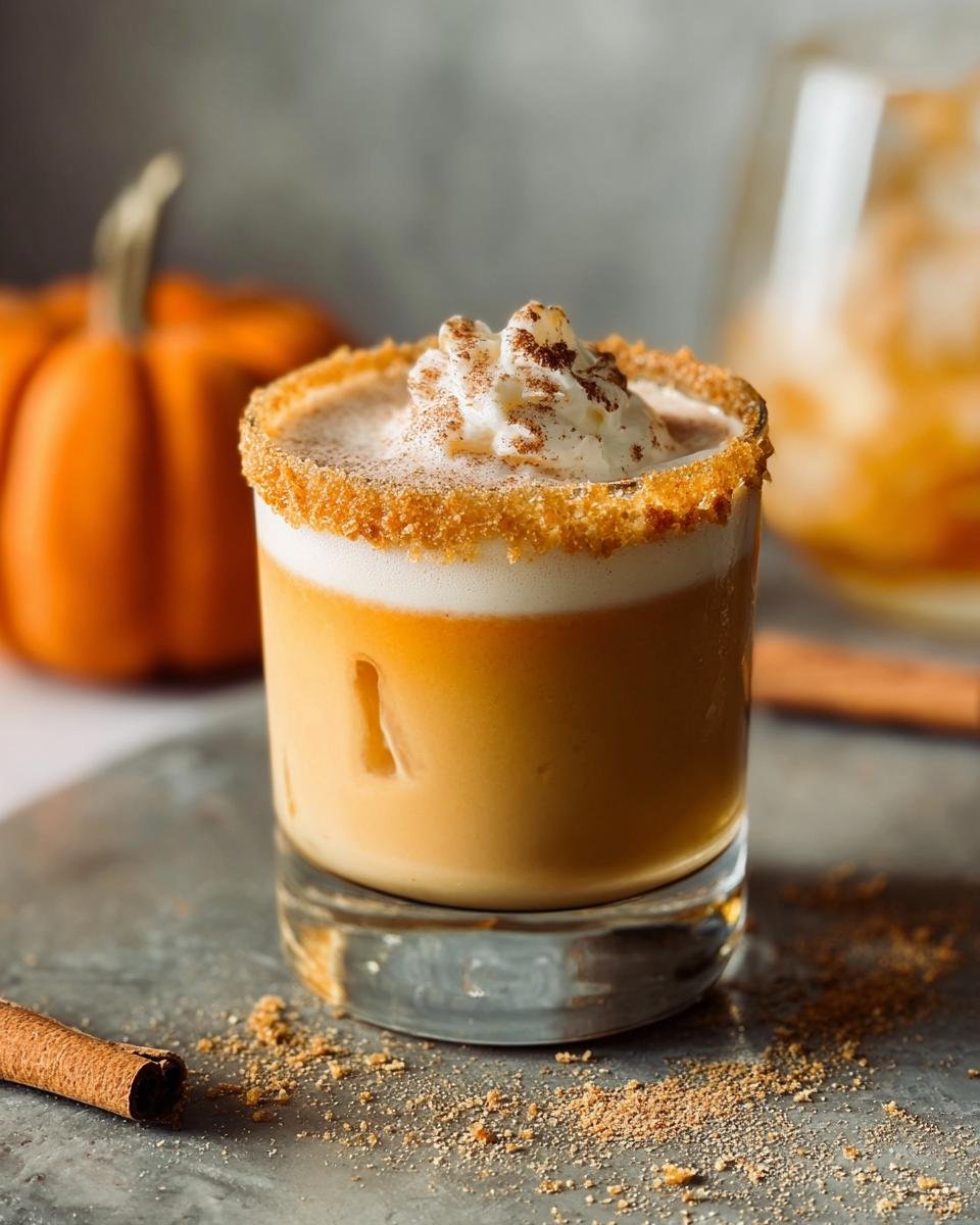 A creamy Pumpkin Spice White Russian cocktail topped with whipped cream and cinnamon.