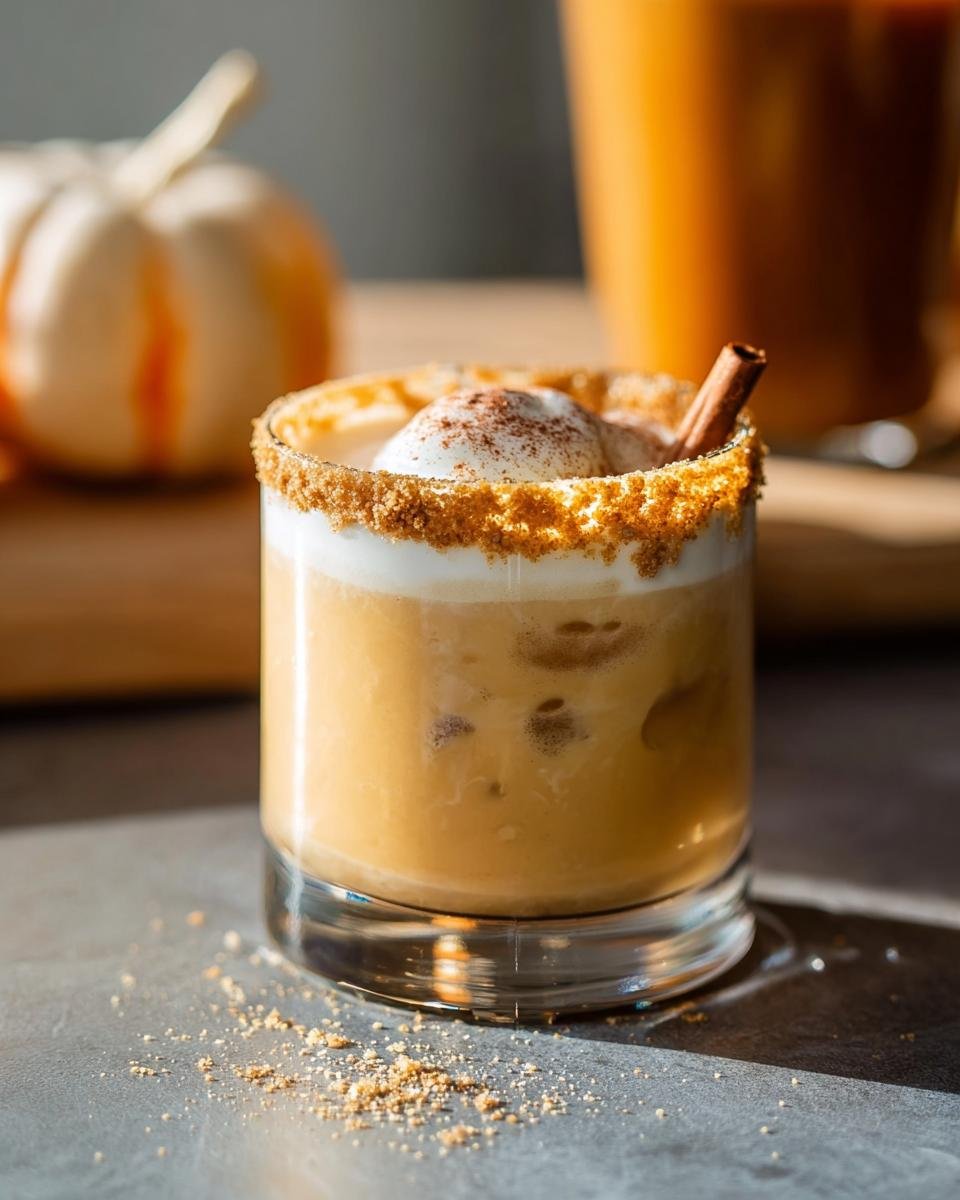 A close-up of a creamy Pumpkin Spice White Russian cocktail garnished with whipped cream and a cinnamon stick.