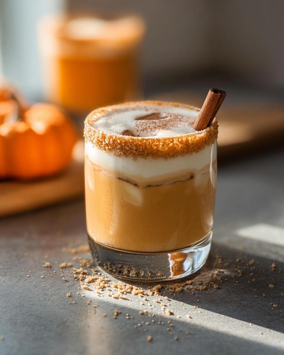 A creamy Pumpkin Spice White Russian cocktail with a brown sugar rim and cinnamon stick garnish.