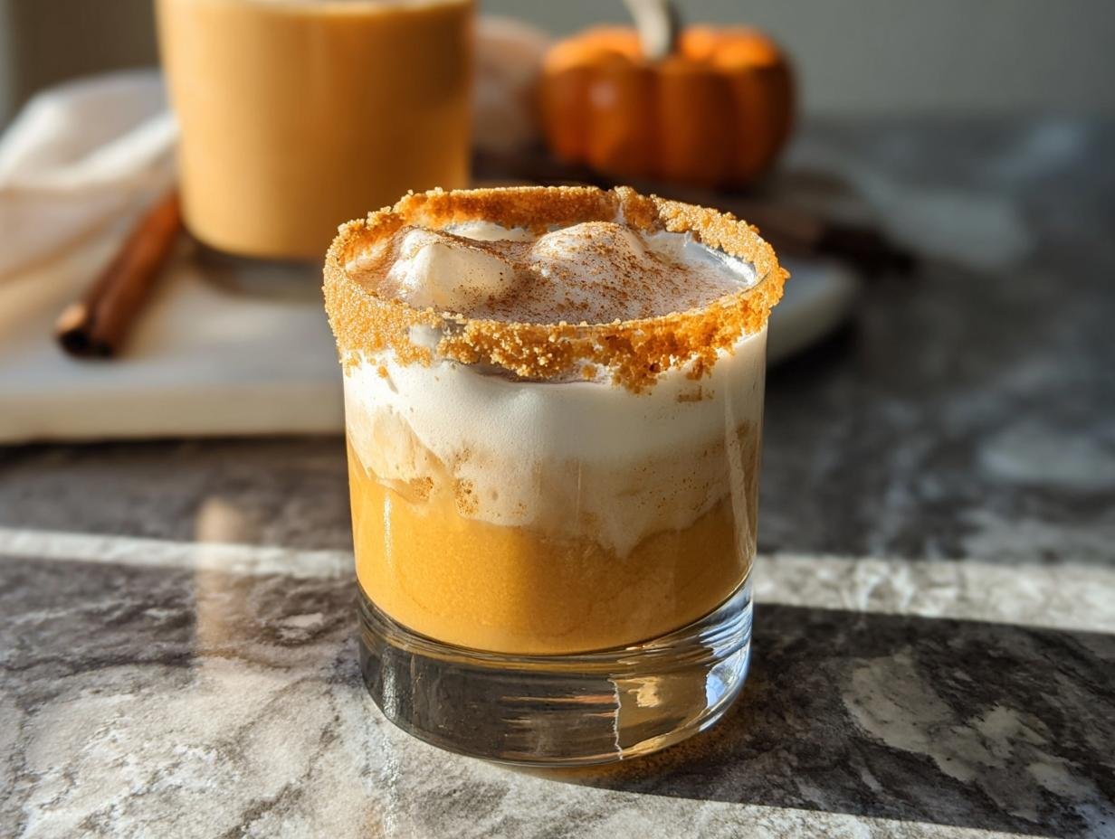A close-up of a Pumpkin Spice White Russian cocktail with a graham cracker rim, topped with cream and cinnamon.