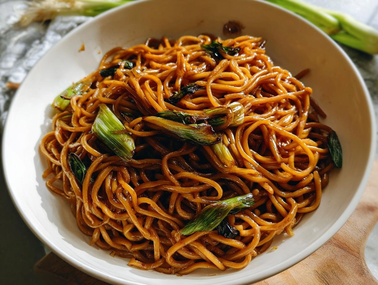 A bowl of glossy, saucy noodles topped with bright green scallions, perfect for 5-Ingredient Dinners.
