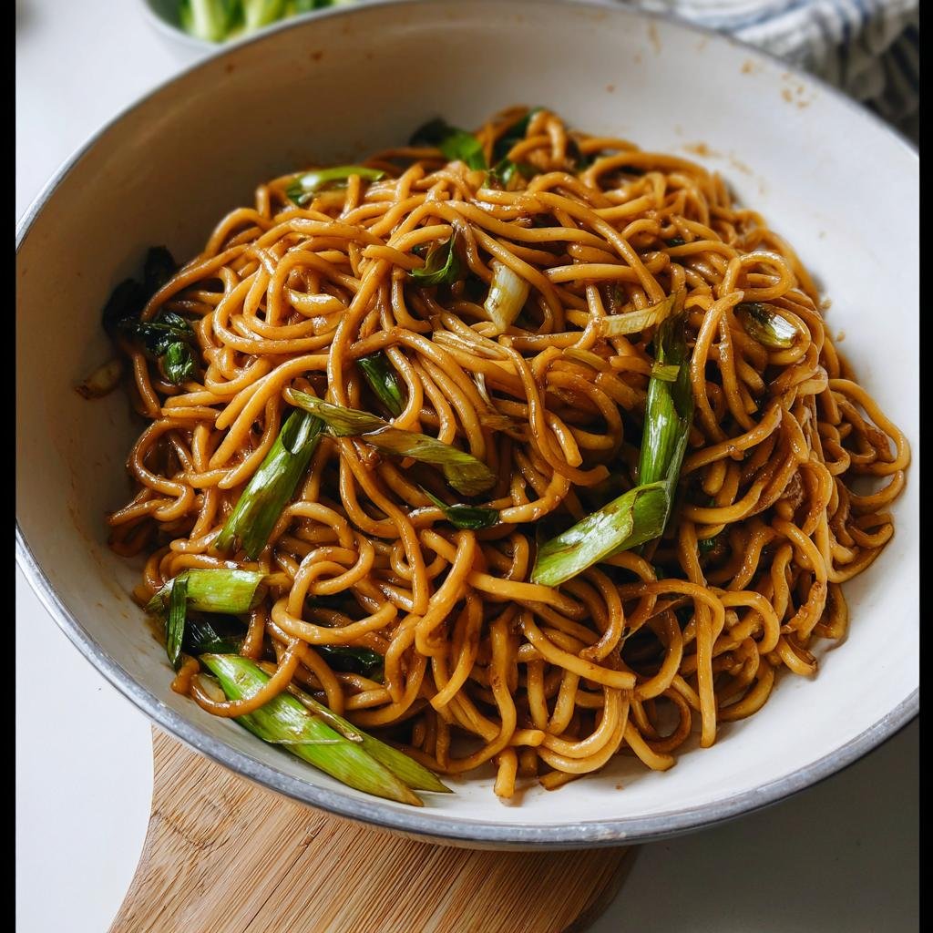 Close-up of savory soy glazed noodles with bright green scallions, perfect for 5-Ingredient Dinners.