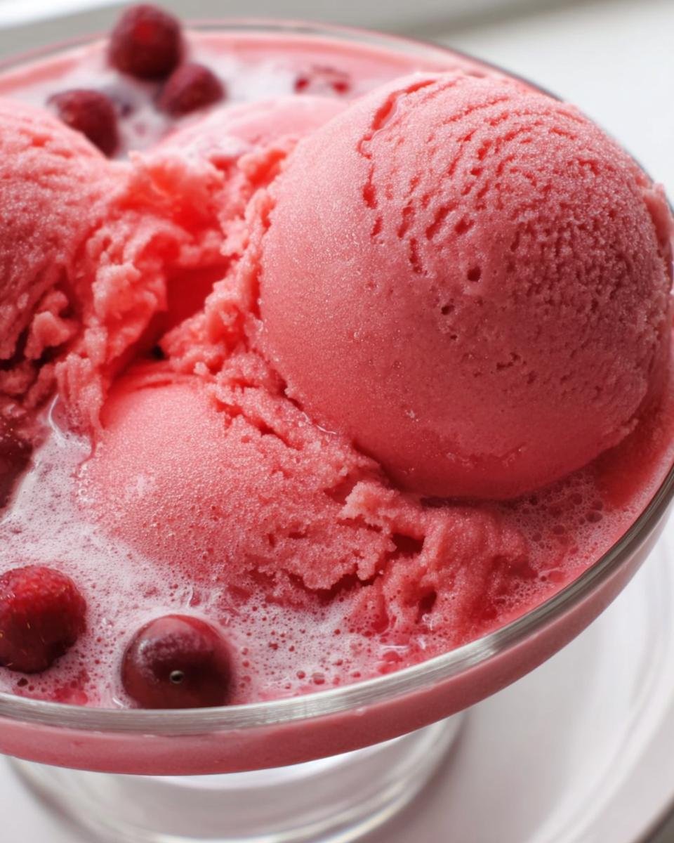 Close-up of bright pink raspberry sherbet scoops melting slightly in a glass dish, garnished with whole raspberries.